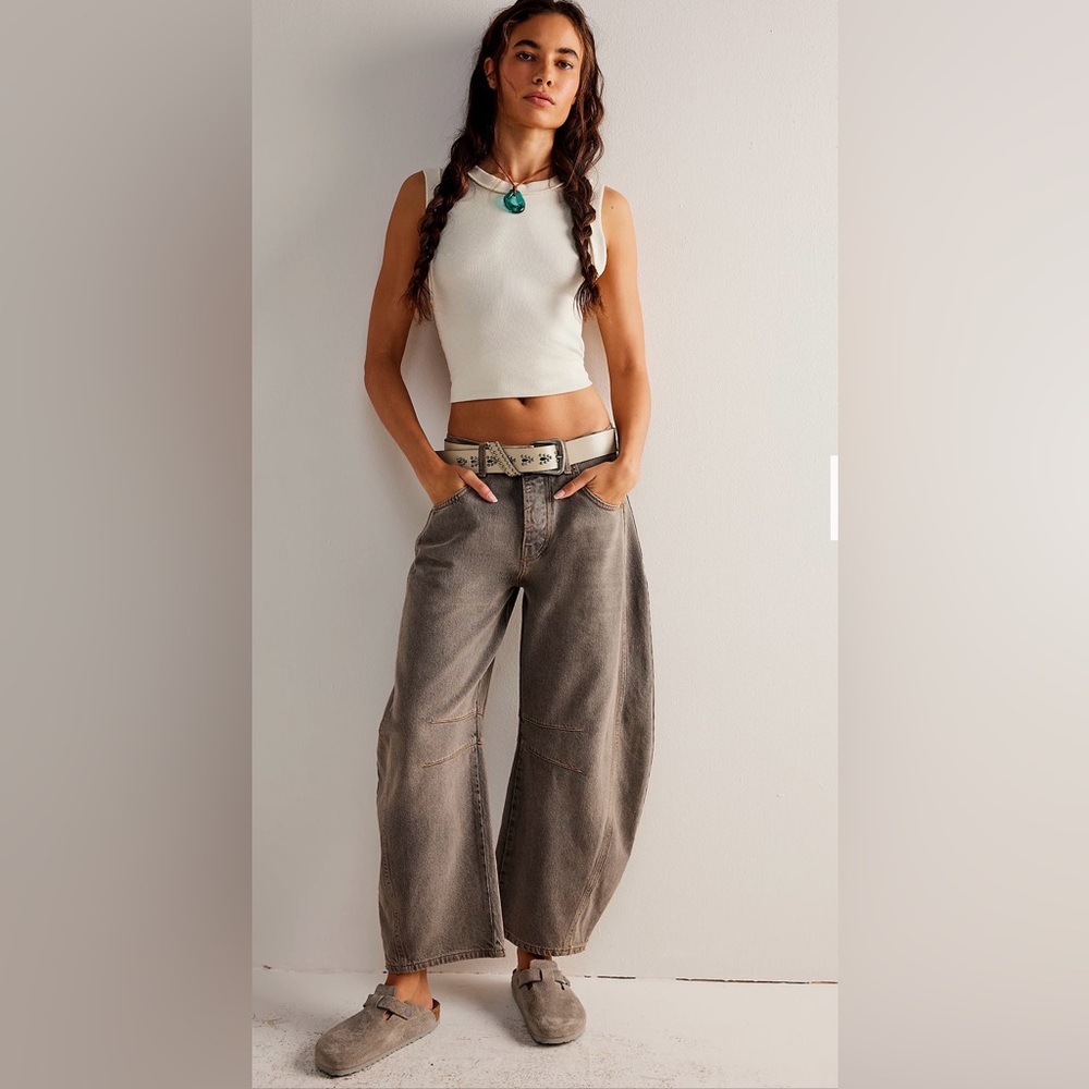 Free People Washed Gray Wide-Leg Ankle Jeans